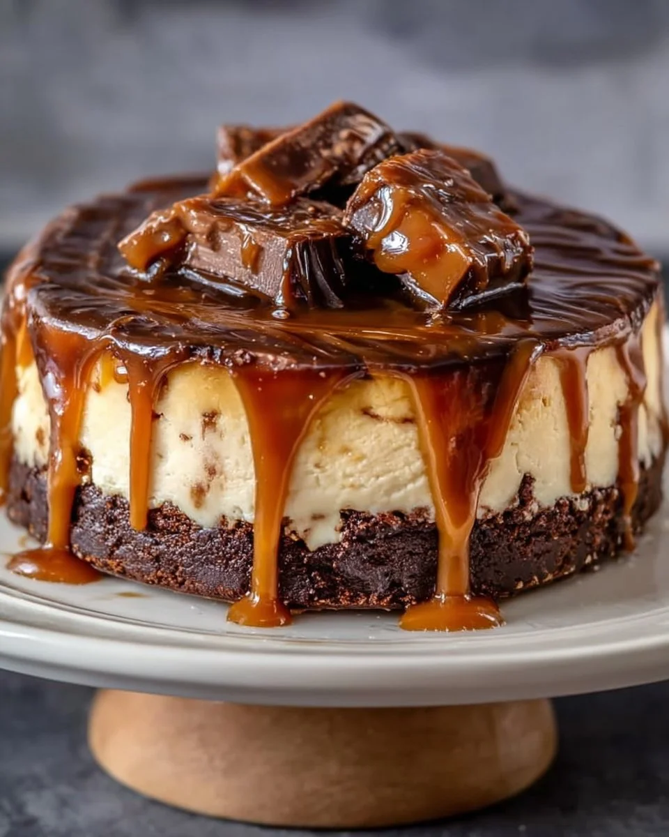 Delicious Caramel Brownie Cheesecake topped with caramel swirls and chocolate drizzle