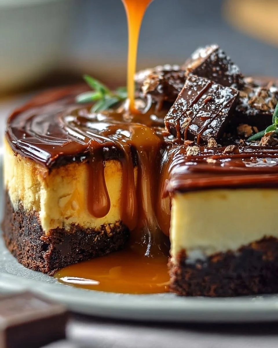 Delicious caramel brownie cheesecake topped with a rich caramel drizzle