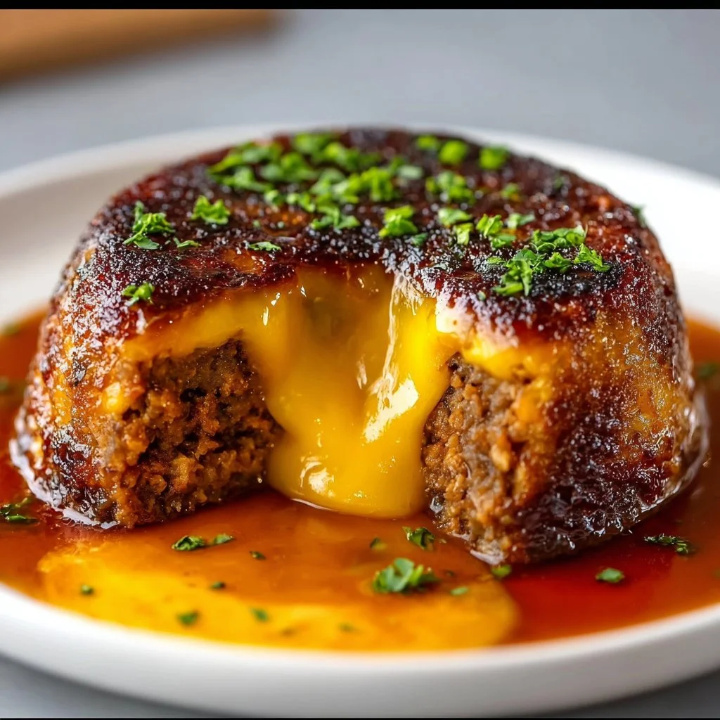 Cheeseburger lava cake with molten cheese filling