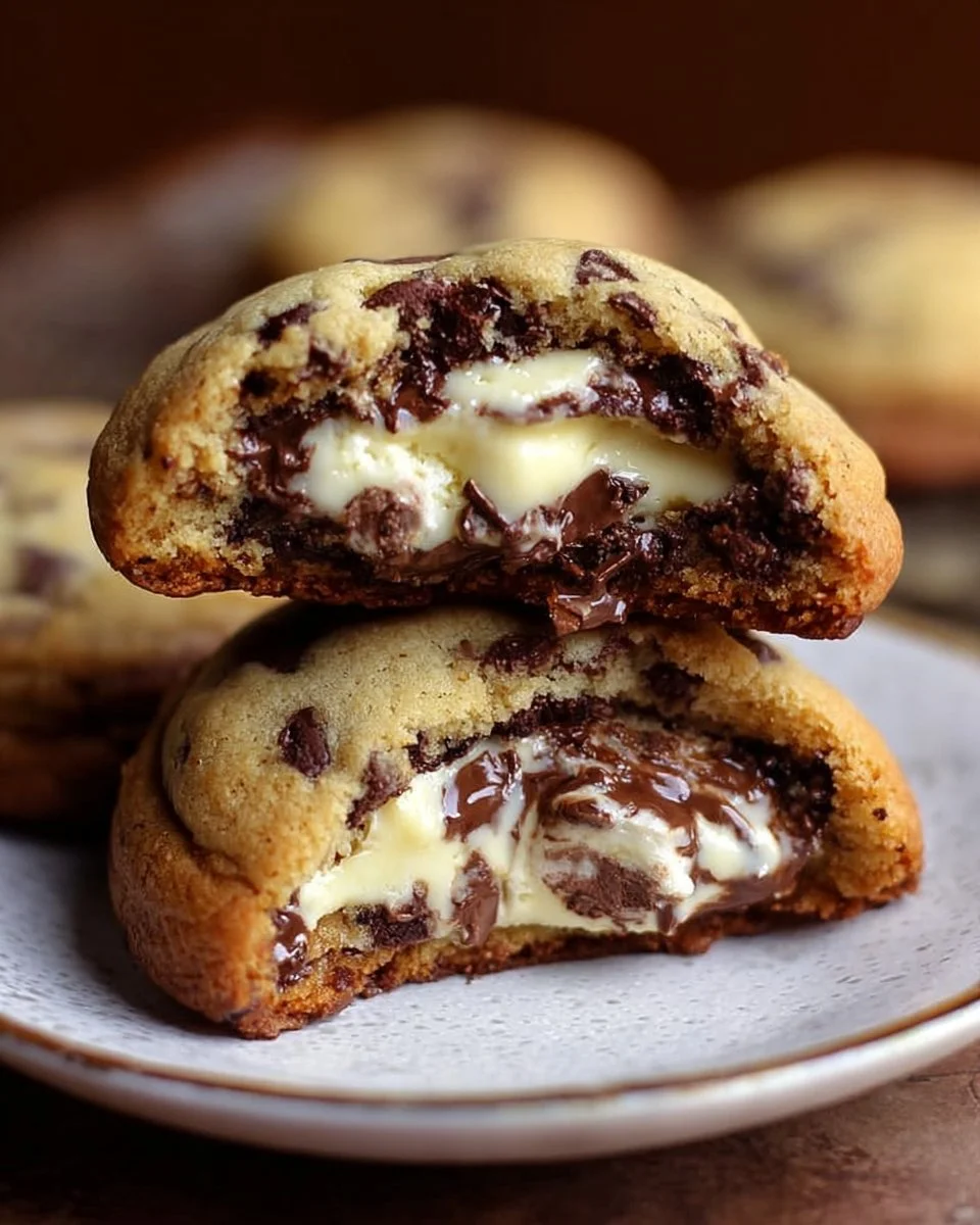 Cheesecake stuffed chocolate chip cookies on a plate, decadent dessert treat.