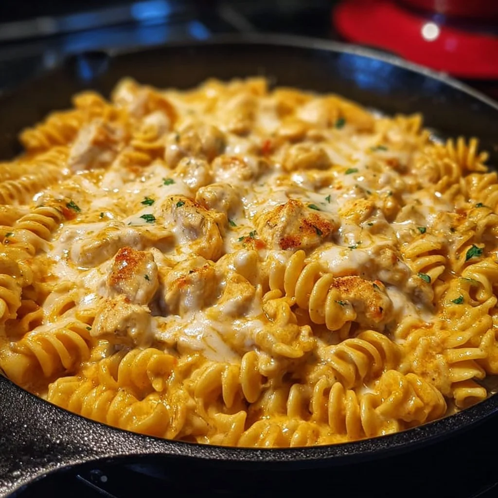 Cheesy Chicken Rotini Skillet served in a frying pan with melted cheese and chicken pieces.