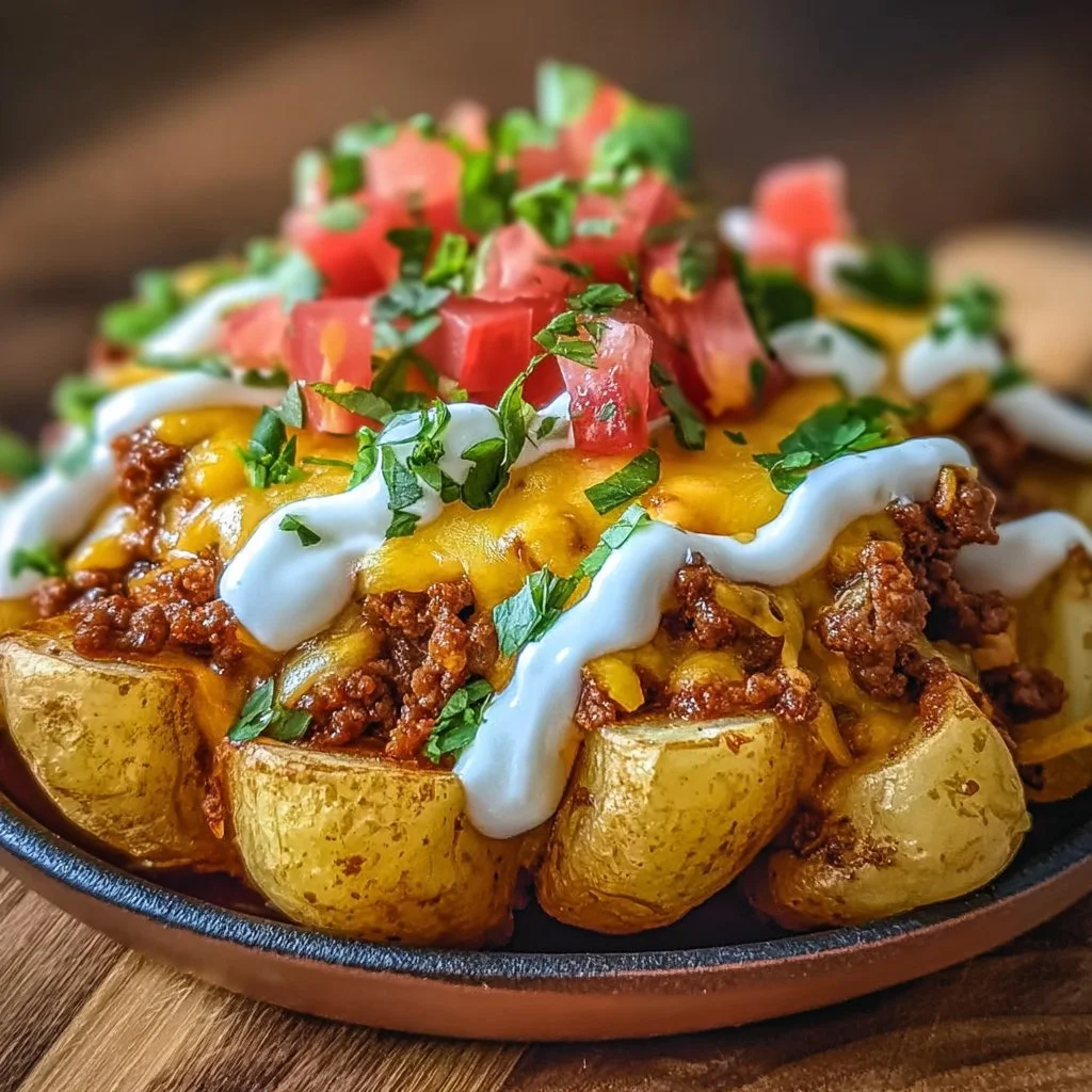 Baked cheesy taco potatoes topped with cheese, ground beef, and fresh toppings.