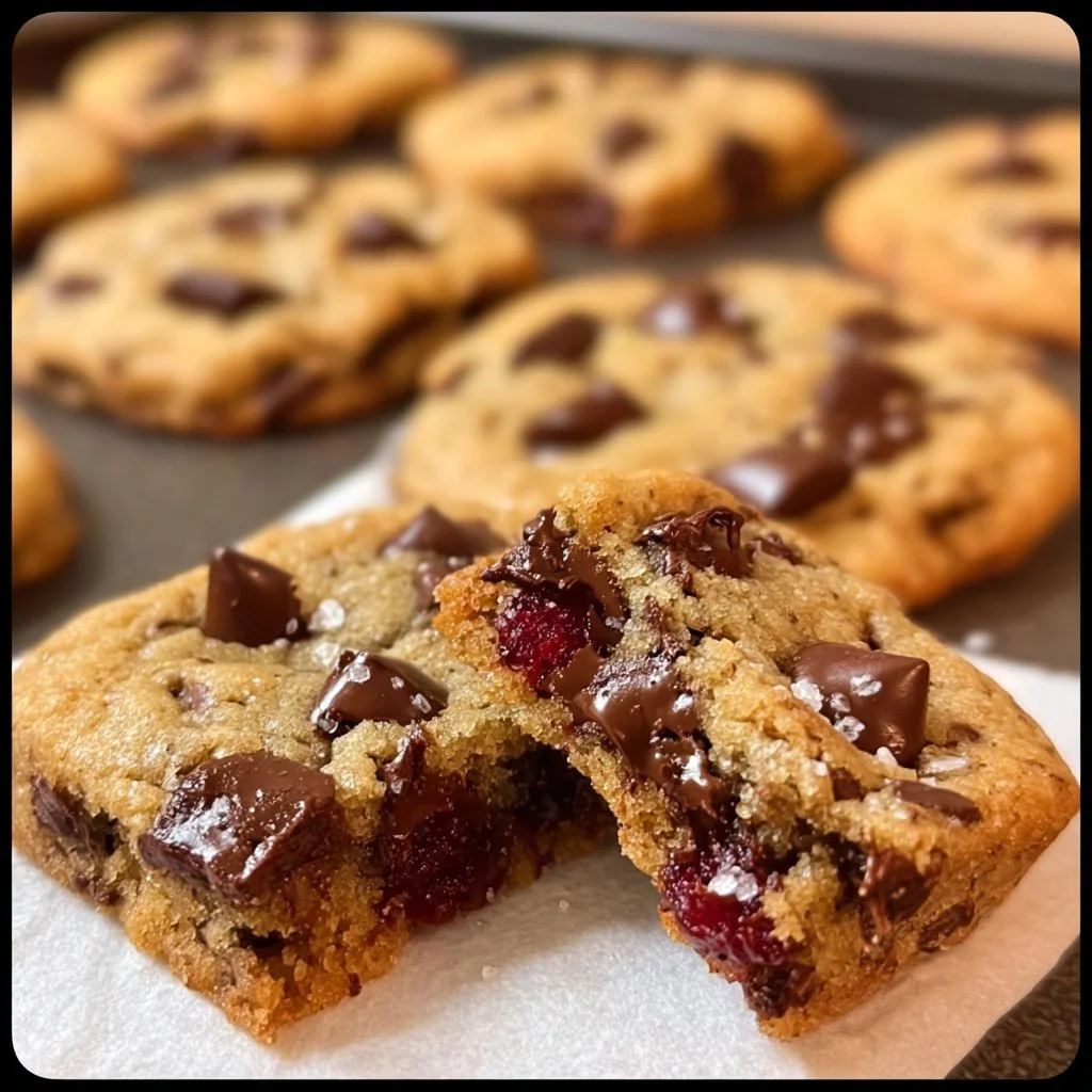 Delicious cherry chocolate cookies with a chewy texture and vibrant cherry pieces.