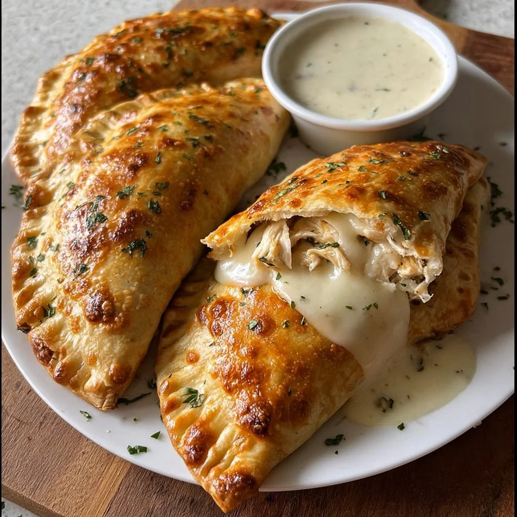 Chicken Alfredo Air Fryer Calzones served on a plate with fresh herbs