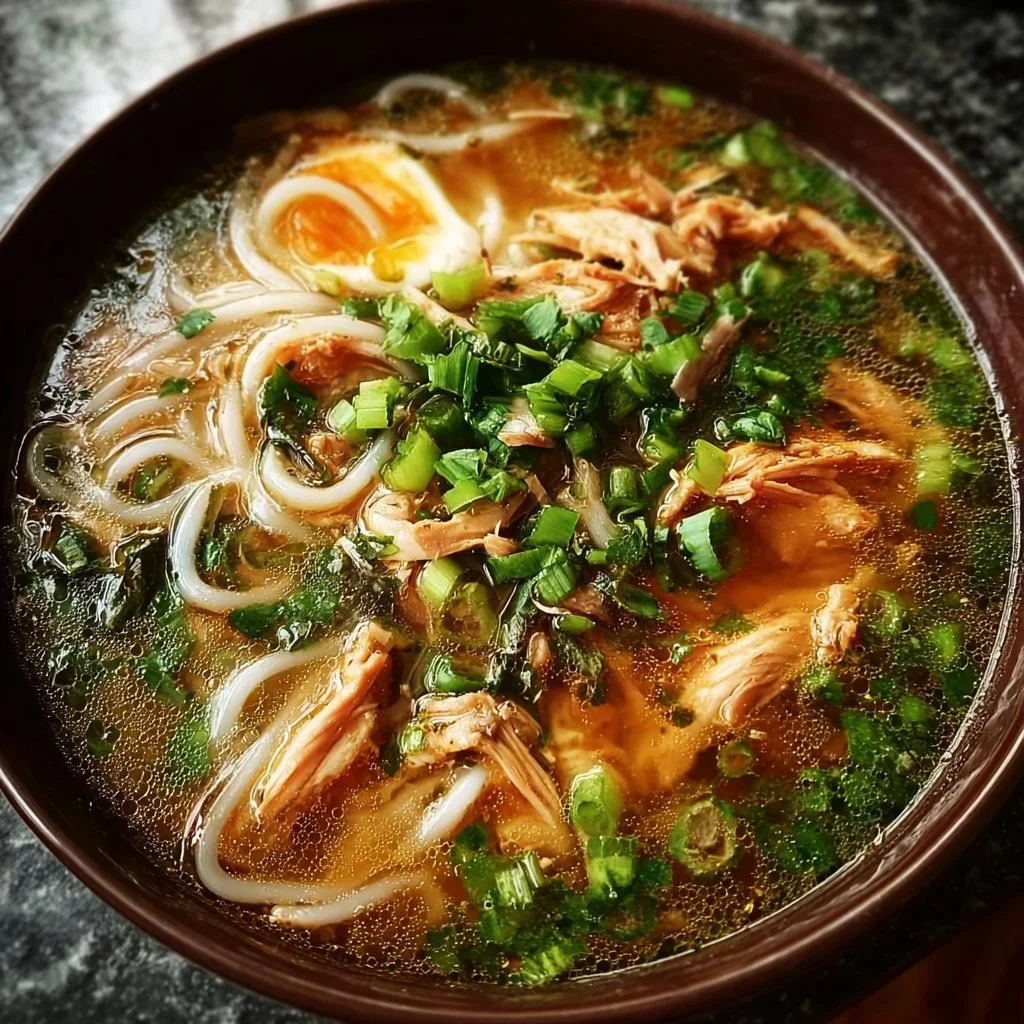 Bowl of Chicken and Shirataki Noodle Soup with fresh herbs and vegetables