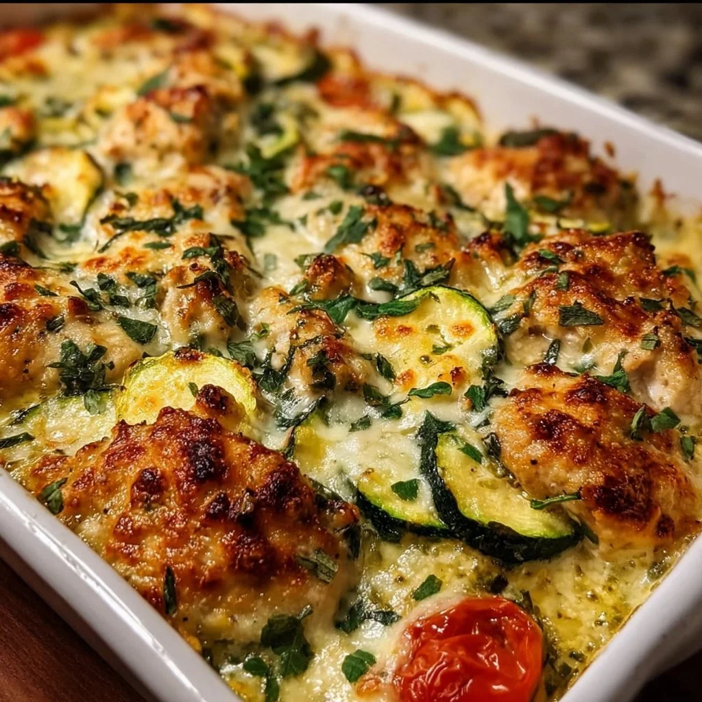 Healthy Chicken Zucchini Bake served in a dish, featuring chicken and zucchini layers.
