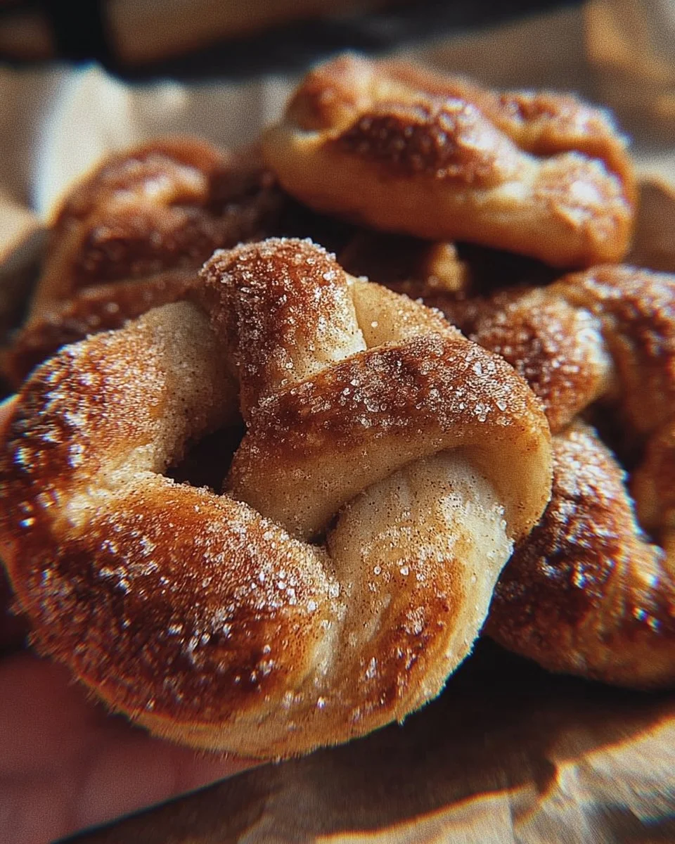 Freshly baked cinnamon sugar soft pretzels topped with sweet cinnamon sugar