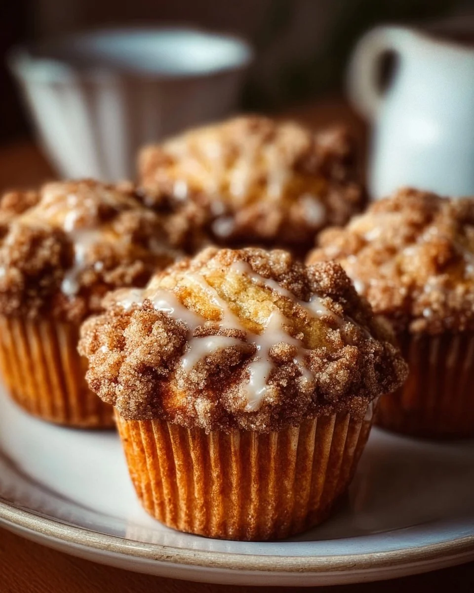 Coffee cake muffins topped with a crumbly streusel layer and a sprinkle of cinnamon.