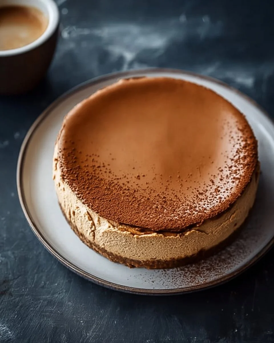 Delicious homemade coffee cheesecake topped with cream