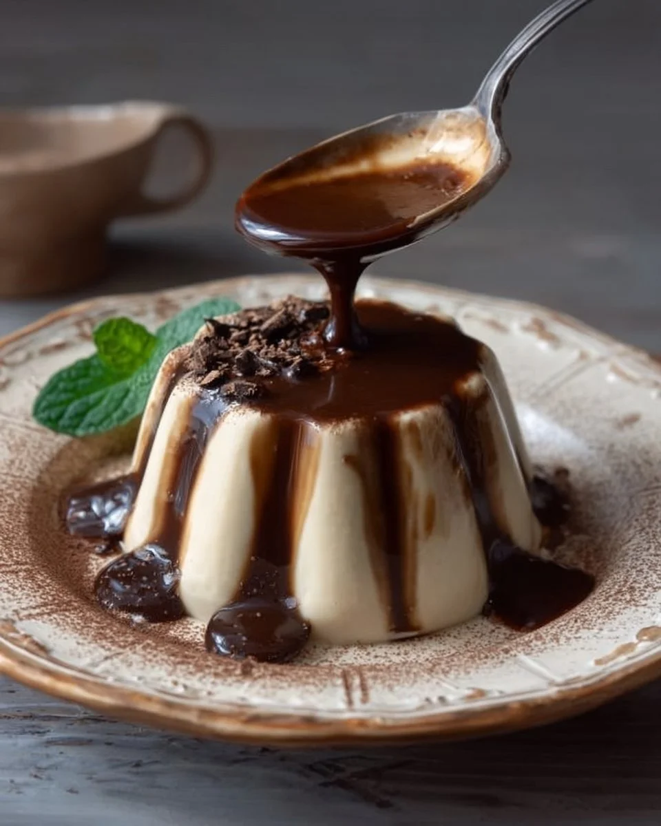Delicious Coffee Panna Cotta drizzled with rich cocoa sauce, a perfect dessert.