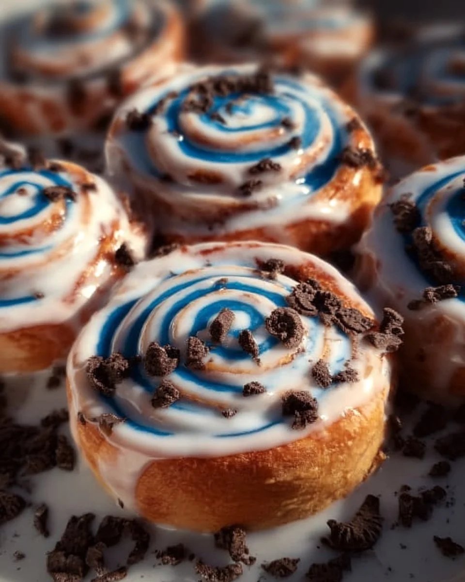 Cookie Monster cinnamon rolls topped with blue icing and cookie pieces