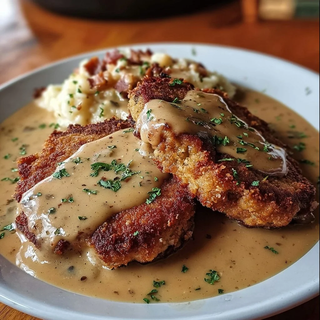 Country Fried Pork Chops served with Bacon Gravy on a plate