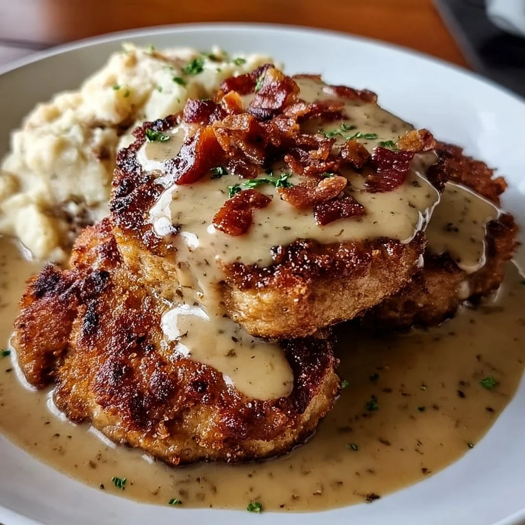 Delicious Country Fried Pork Chops topped with creamy Bacon Gravy