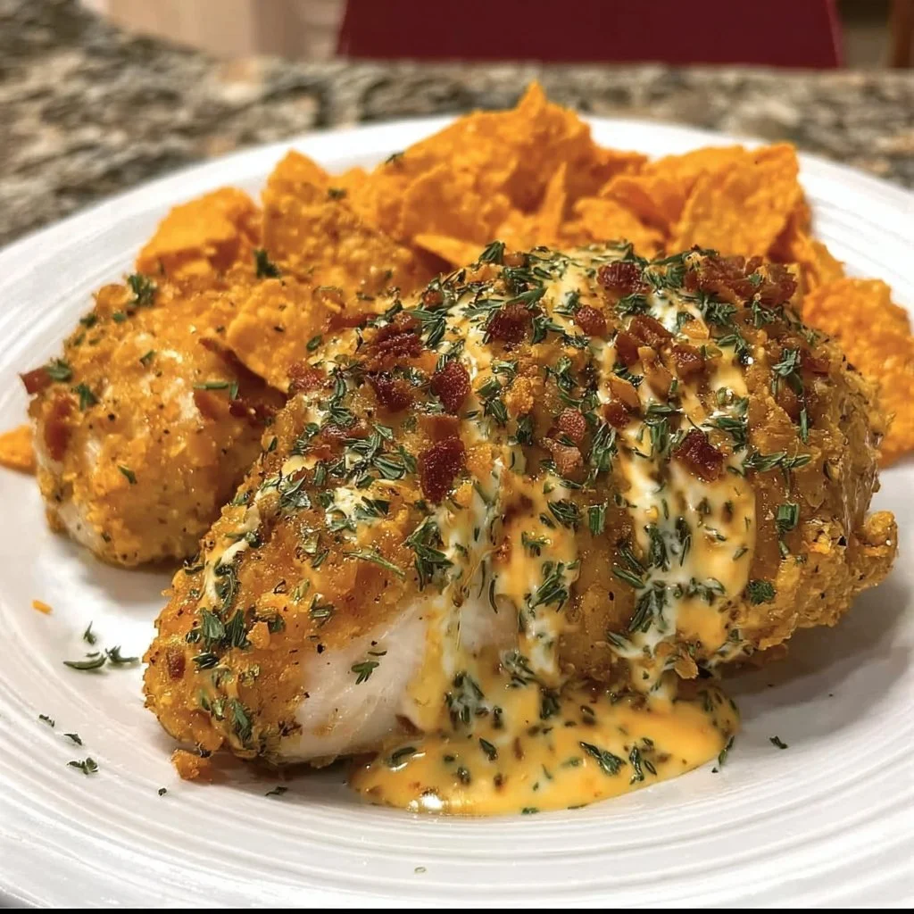 Cream Cheese Bacon Doritos Chicken served on a plate topped with crispy bacon bits.