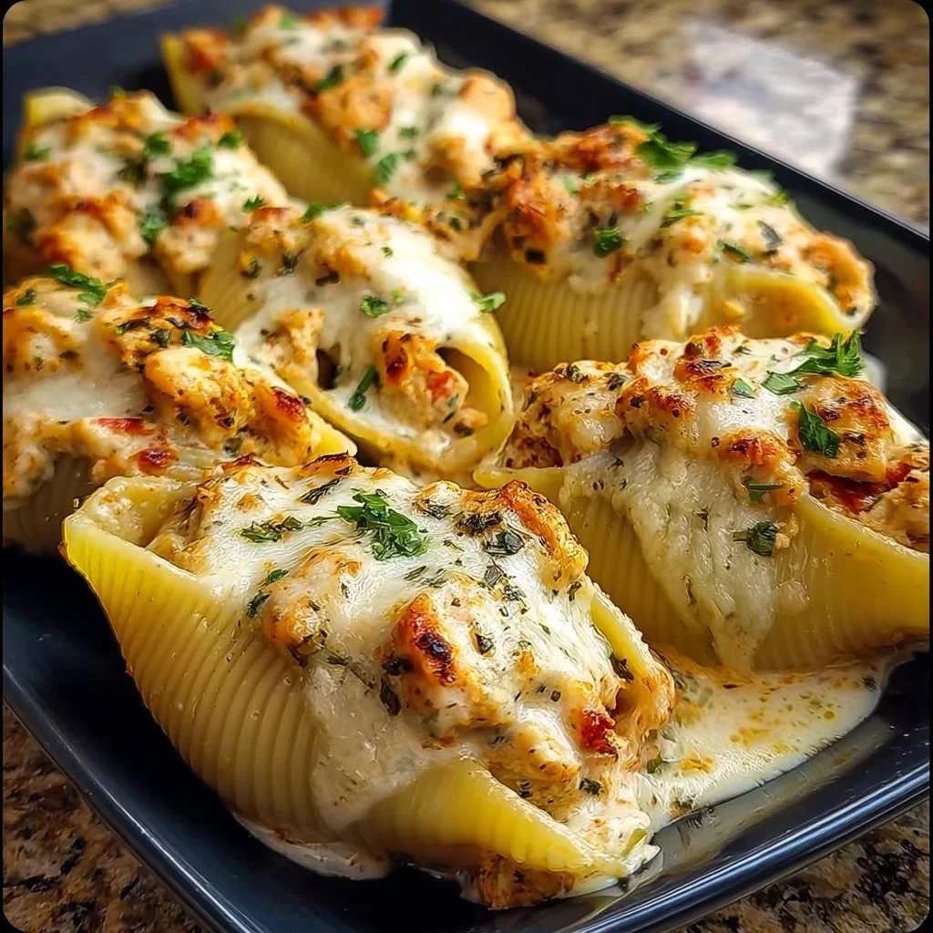 Creamy Cajun Chicken Stuffed Shells garnished with parsley on a plate