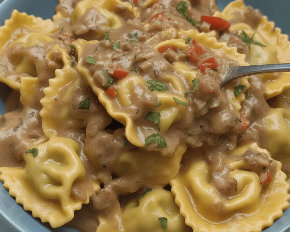 Creamy Cajun Sausage Ravioli with spicy sausage in Parmesan cream sauce.