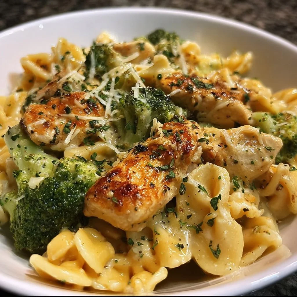 Creamy chicken and broccoli pasta dish with vibrant colors and fresh ingredients