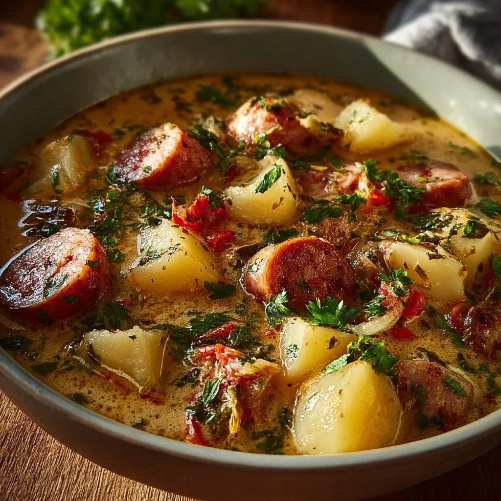Bowl of creamy sausage and potato stew garnished with herbs and spices
