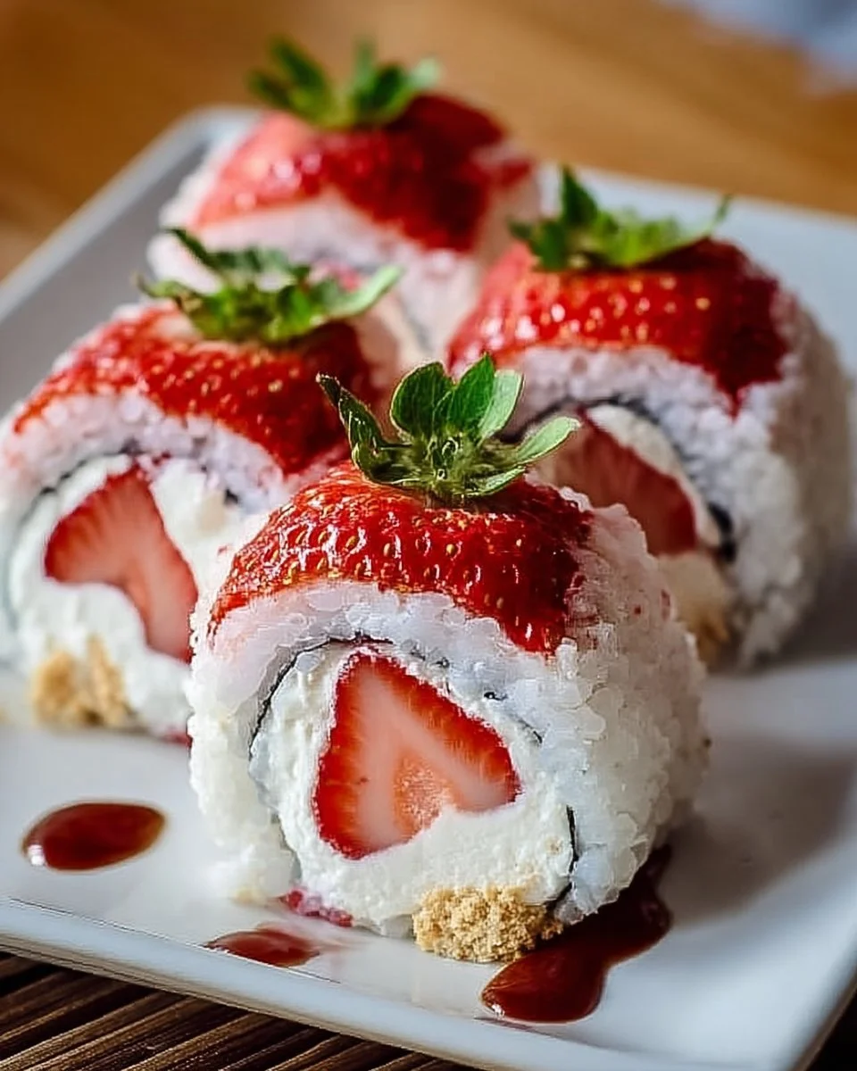 Strawberry shortcake sushi roll dessert with fresh strawberries and whipped cream
