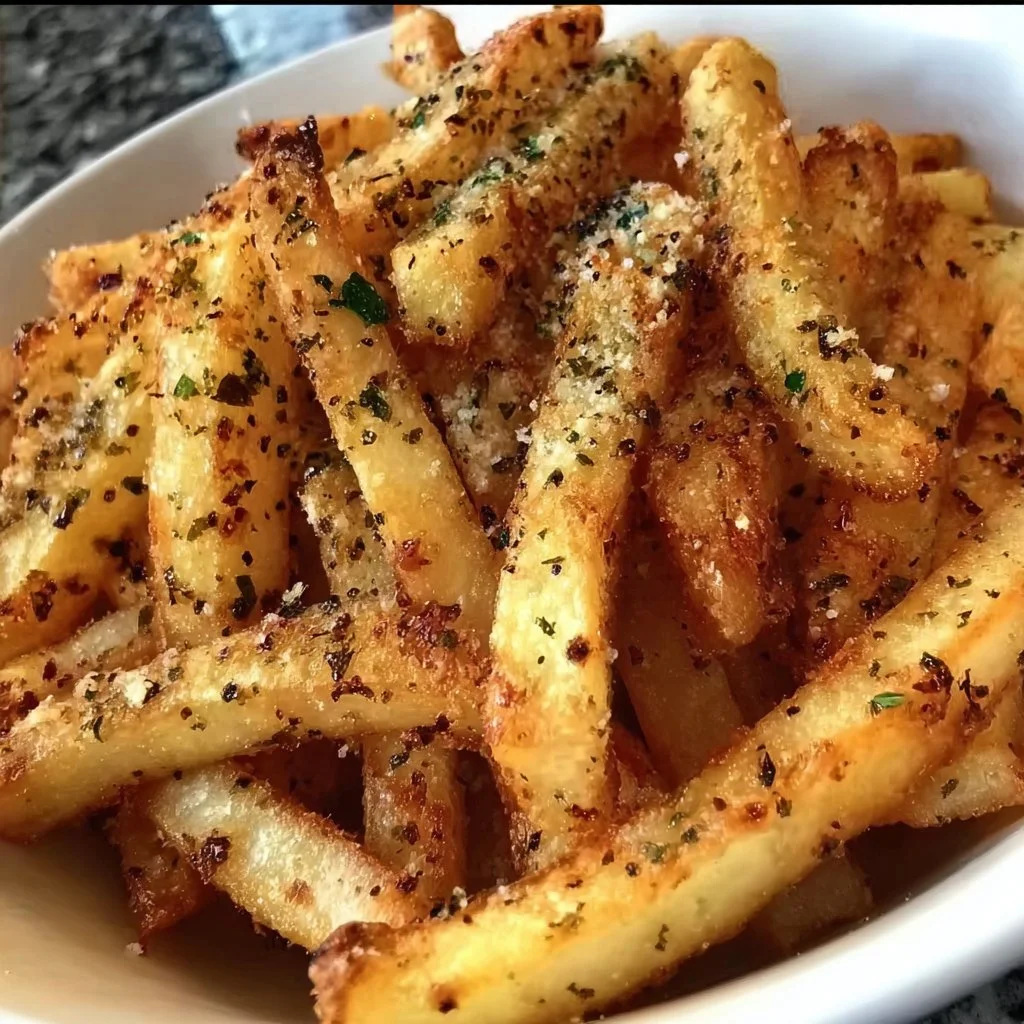 Plate of crispy garlic parmesan fries garnished with herbs