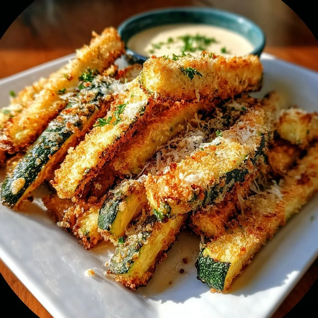 Crispy Parmesan garlic zucchini fries served on a plate