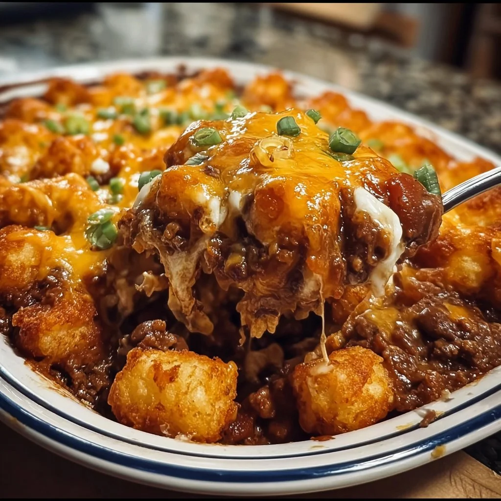 Crispy Tot Chili Casserole topped with golden tater tots and served in a baking dish