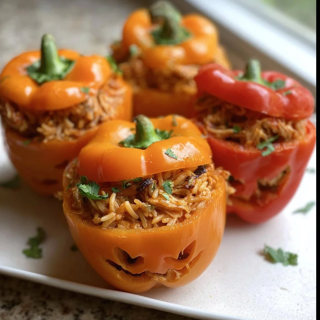 Crockpot shredded chicken and rice stuffed peppers ready to serve
