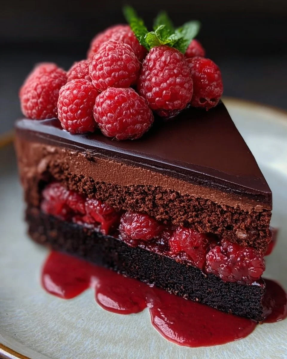 Delicious dark chocolate raspberry mousse cake topped with fresh raspberries.