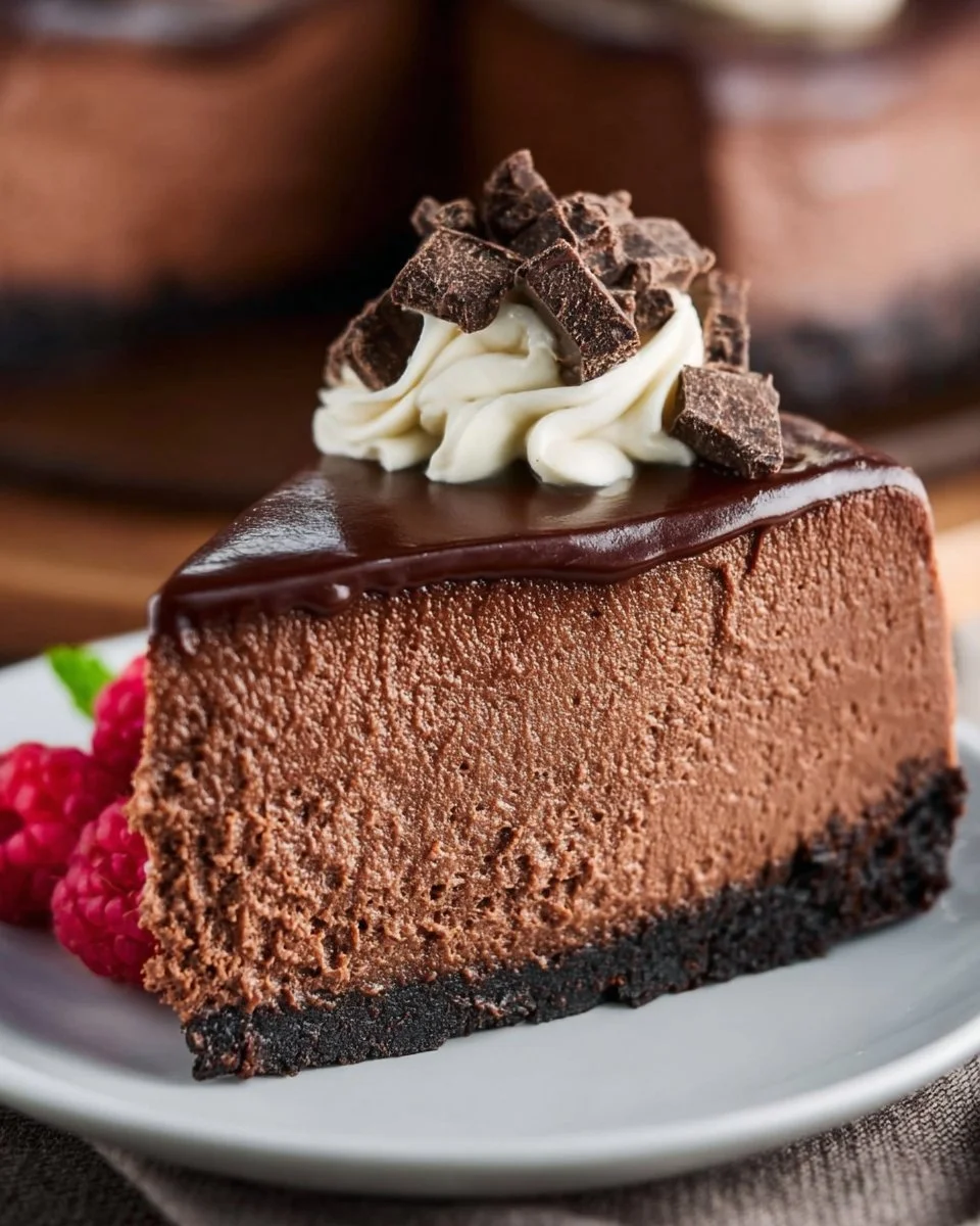 Slice of decadent chocolate cheesecake topped with chocolate shavings