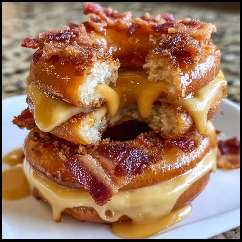 Delicious donut grilled cheese sandwich with bacon and maple glaze