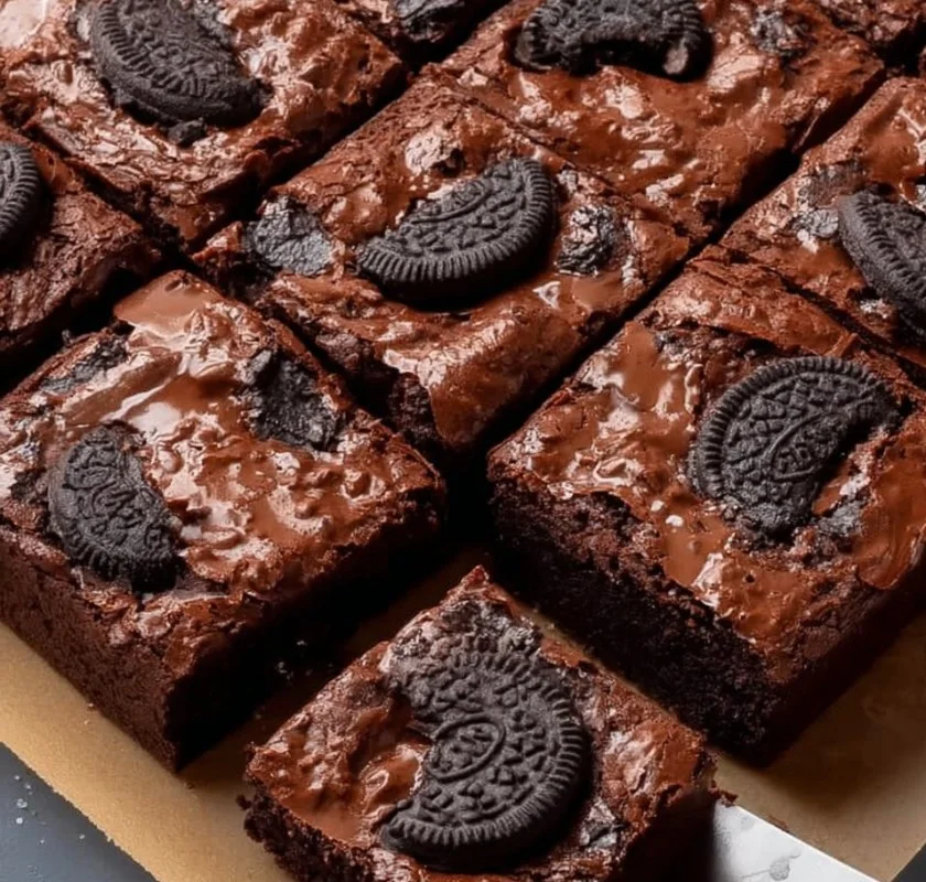 Delicious fudgy Oreo brownies topped with crumbled Oreos