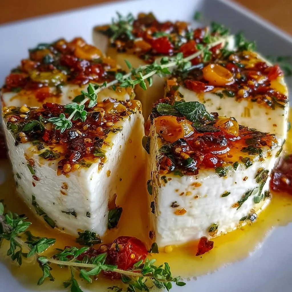 Easy marinated cheese appetizer with herbs and spices