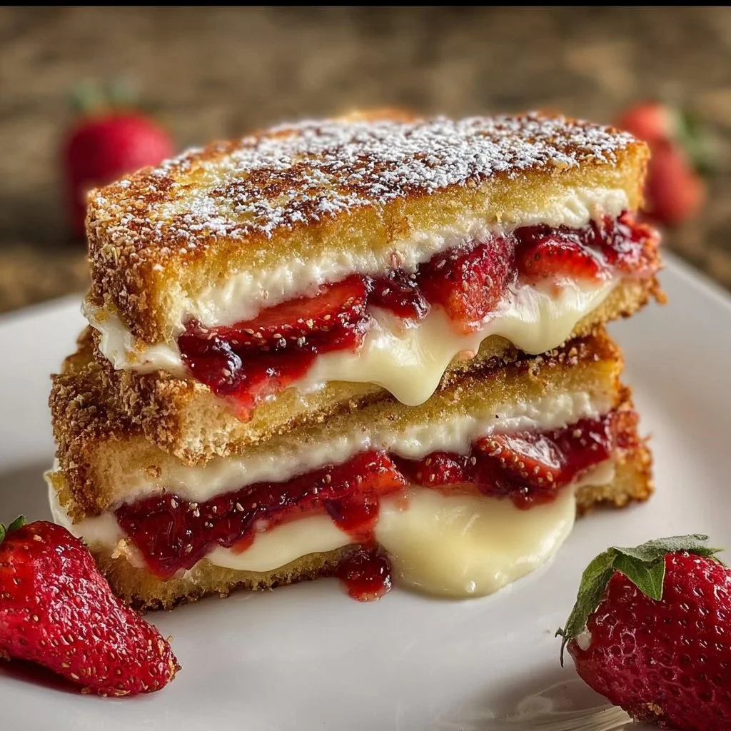 Fried Strawberry Cheesecake Sandwiches served on a plate
