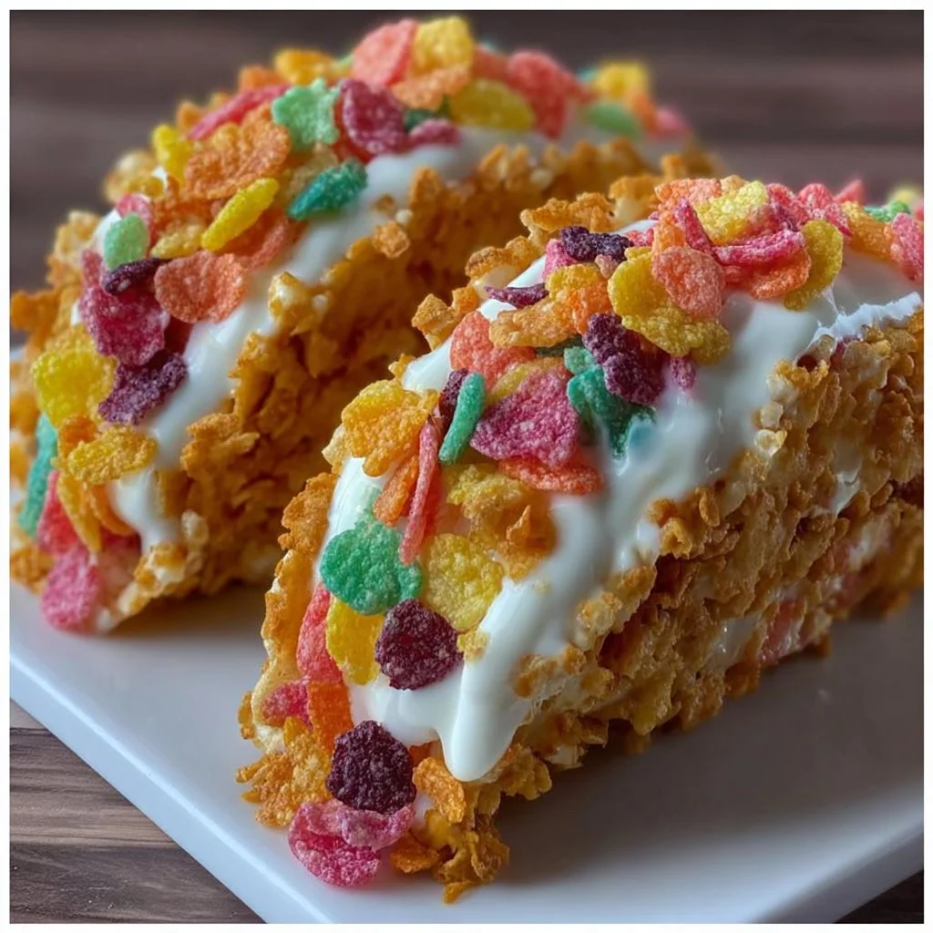 Delicious Fruity Pebbles Cheesecake Tacos served on a colorful plate