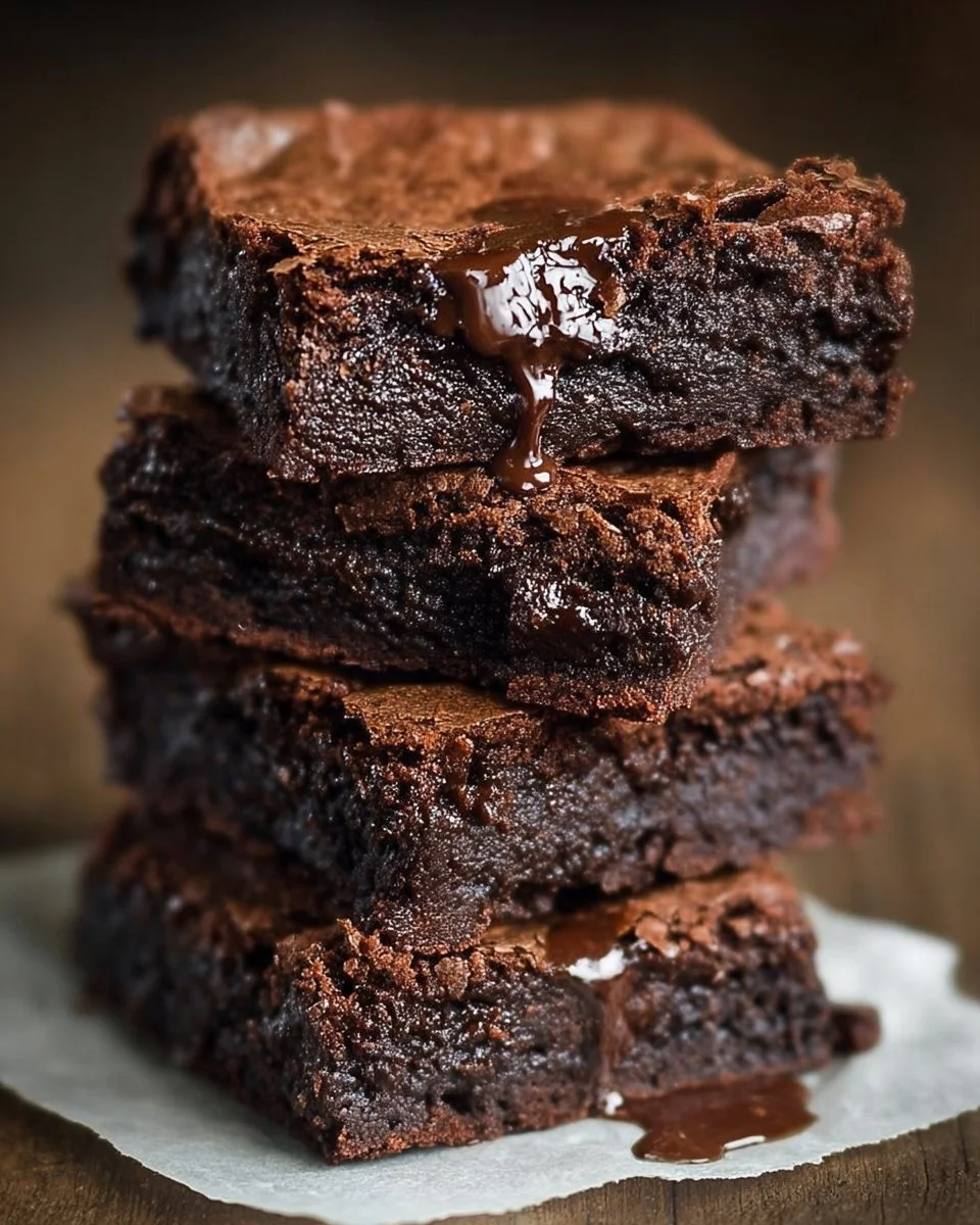 Plate of rich, fudgy brownies topped with chocolate drizzle