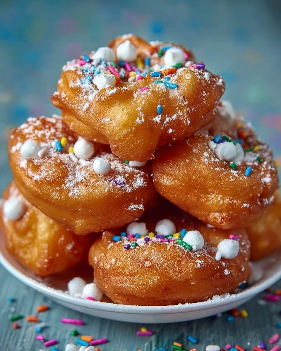 Homemade funnel cake donut topped with powdered sugar and colorful sprinkles.