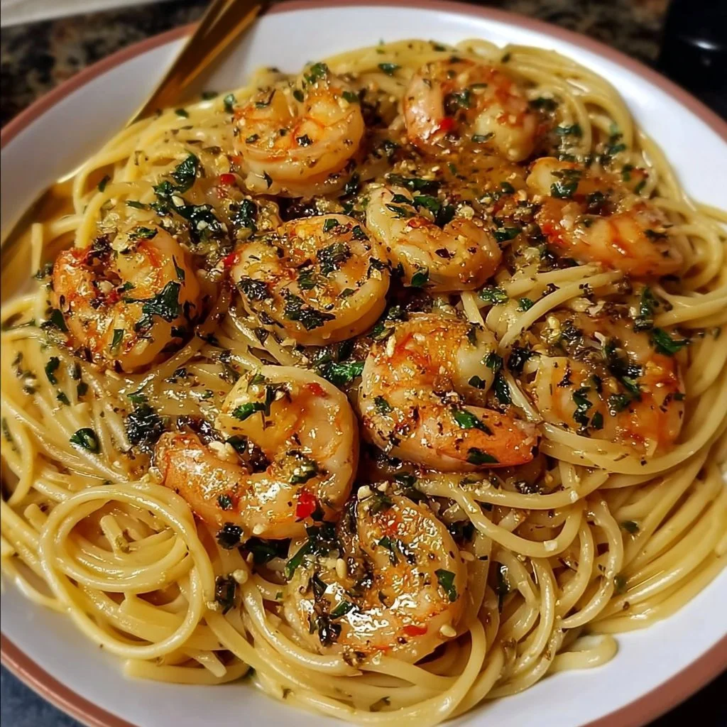 Plate of garlic shrimp pasta garnished with parsley and cherry tomatoes