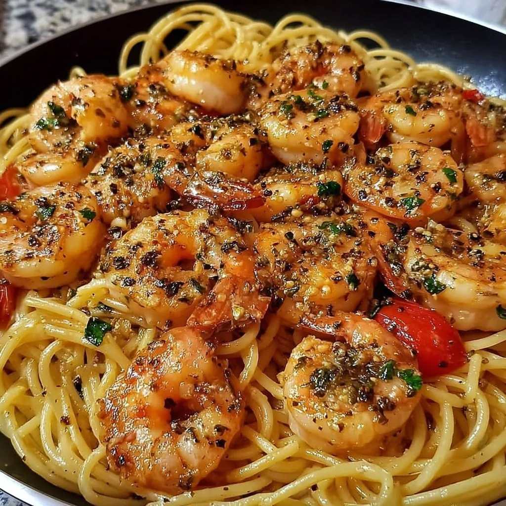 Plate of delicious Garlic Shrimp Pasta garnished with herbs