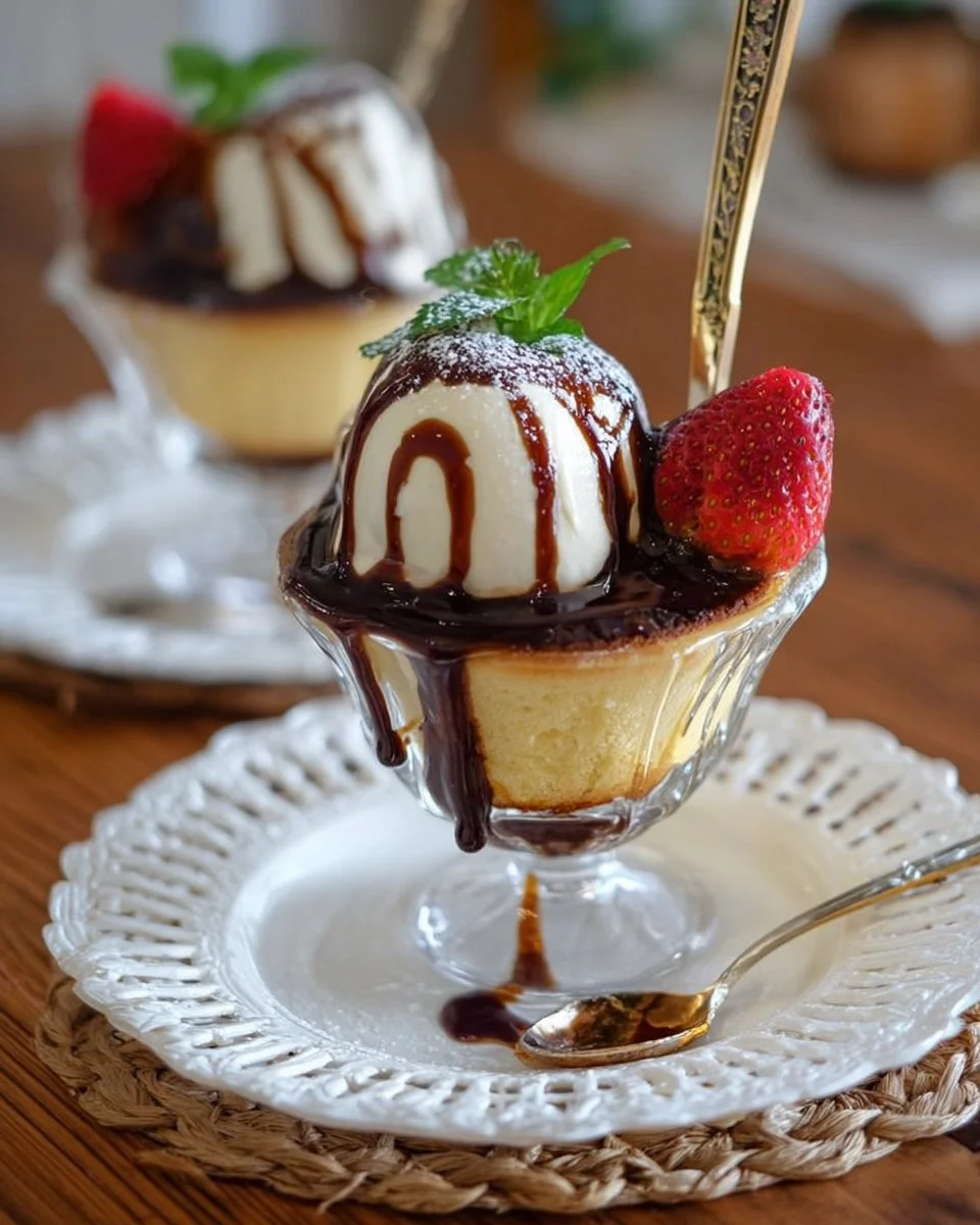 Delicious gluten-free cocoa pancake ice parfait with chocolate topping