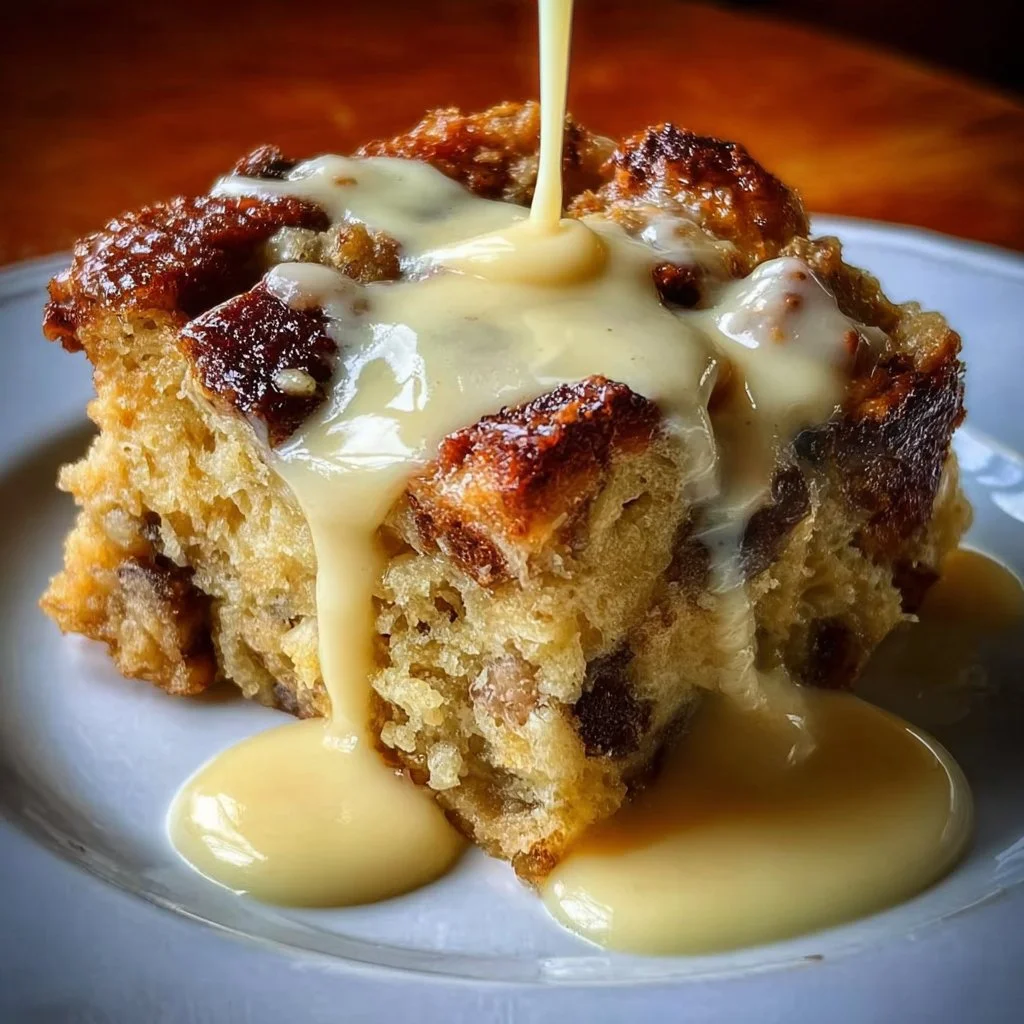 Grandma's Old-Fashioned Bread Pudding served with creamy vanilla sauce
