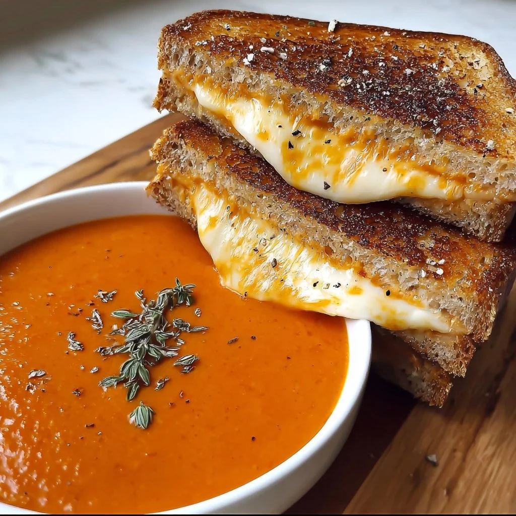 Delicious grilled cheese sandwich with creamy tomato soup bowl