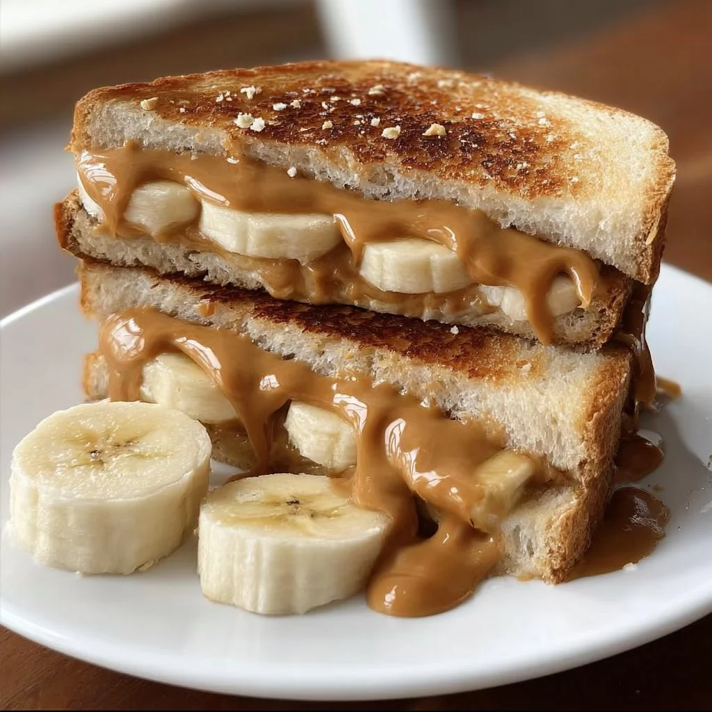 Grilled peanut butter banana sandwich with melted peanut butter and sliced bananas