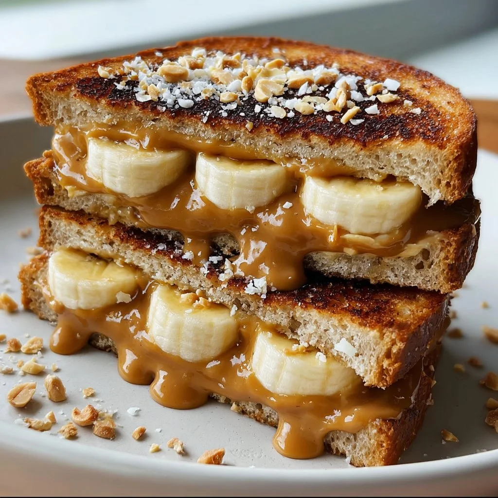 Grilled peanut butter banana sandwich on a plate, showcasing its delicious layers