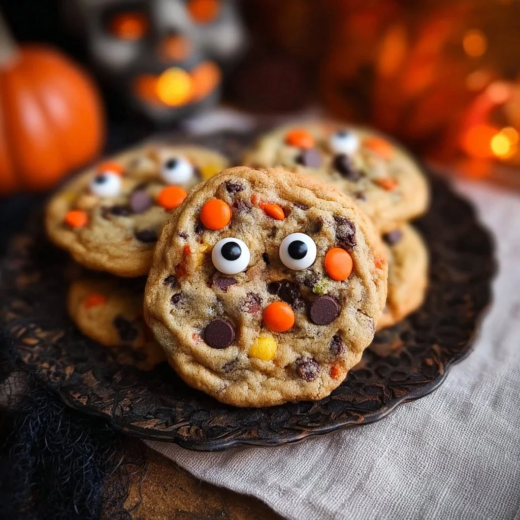 Plate of spooky Halloween chocolate chip cookies decorated for Halloween