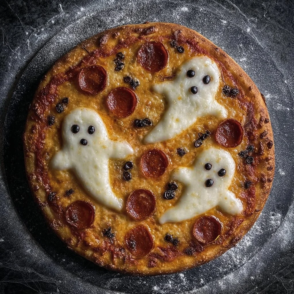 Halloween ghost pizza topped with cheese and spooky decorations