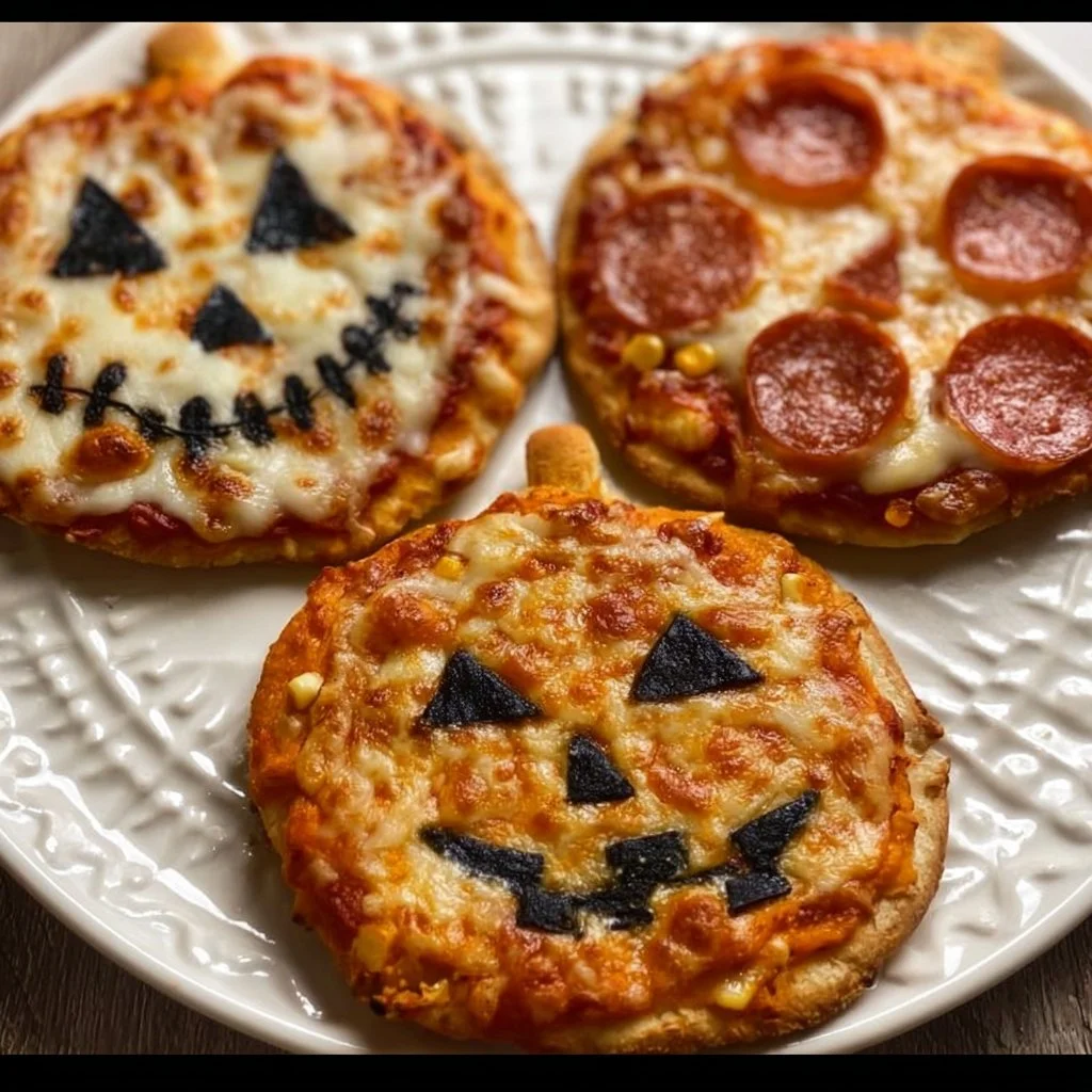 Plate of Halloween mini pizzas decorated with spooky toppings and colors.