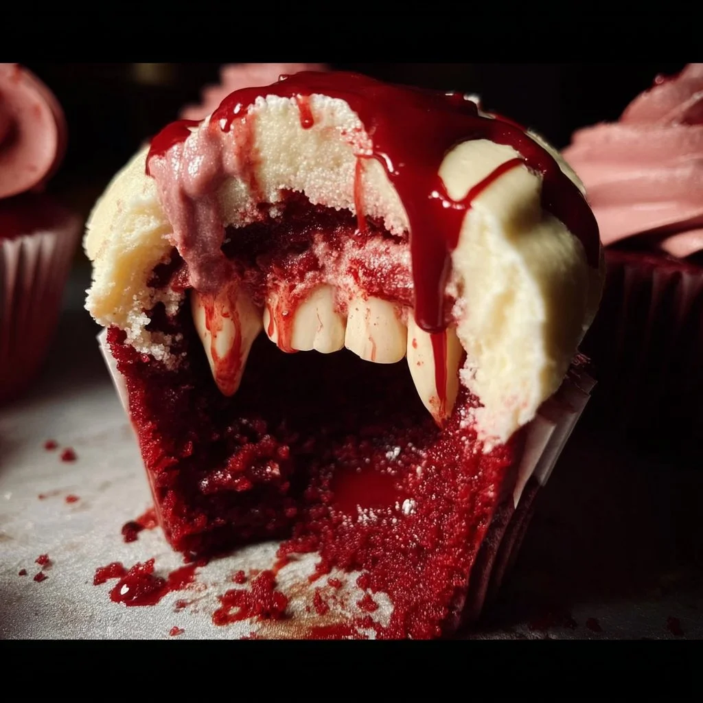 Spooky Halloween vampire bite cupcakes with red frosting and fake blood decor