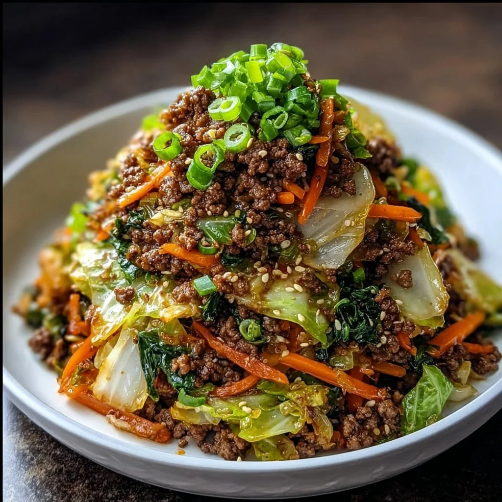 Healthy Chinese Ground Beef Stir Fry with cabbage and colorful vegetables