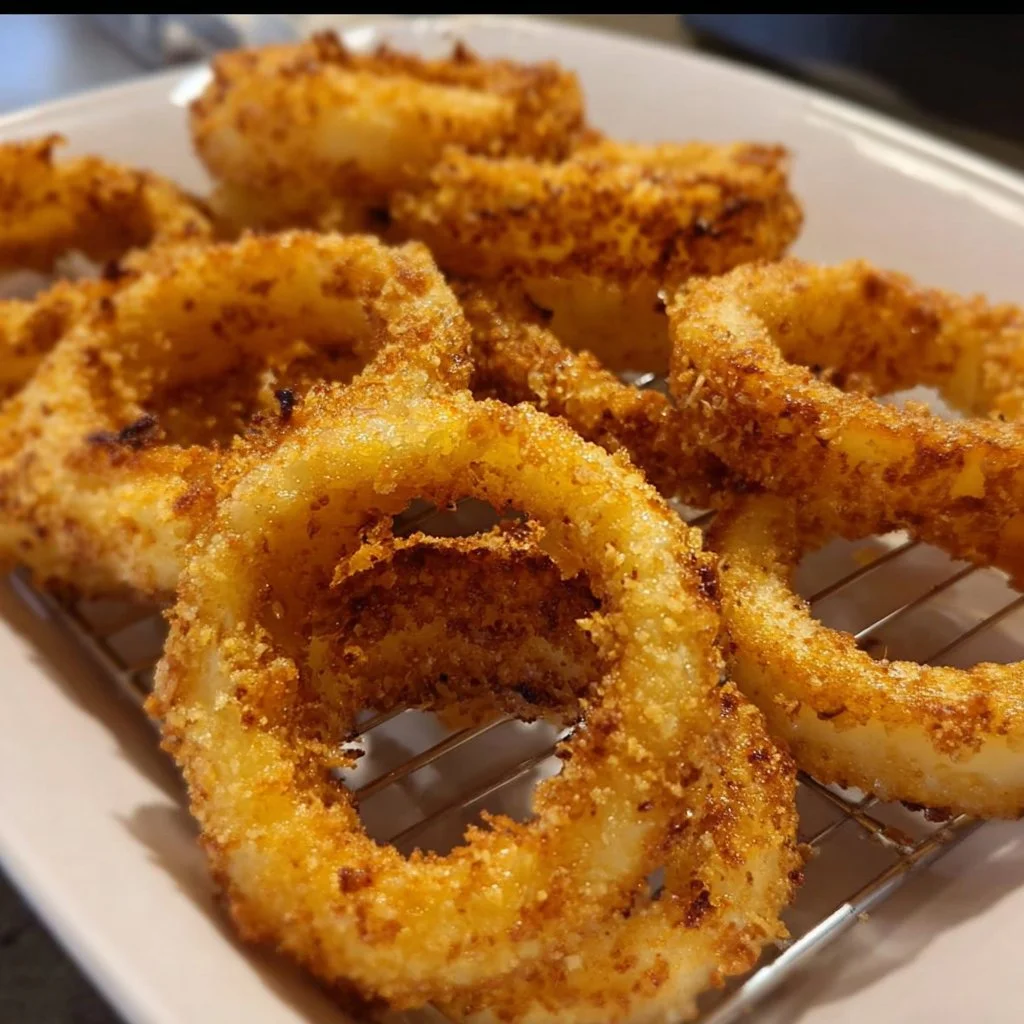 Delicious homemade onion rings served on a plate, crispy and golden brown.