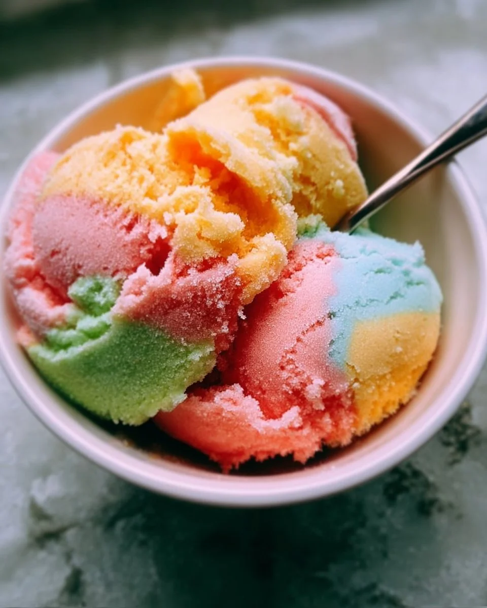 A colorful bowl of homemade rainbow sherbet with vibrant layers of fruit flavors.